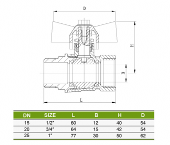 Кран шаровой гайка/штуцер бабочка полнопроходный усиленный латунный GD-L2003-1/2"F